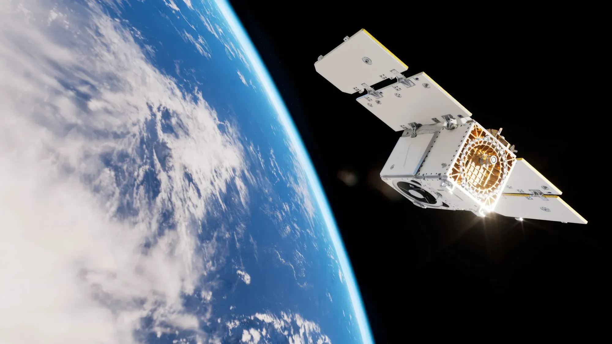 A rendering of a Pelican satellite that is used for Planet Labs imaging.