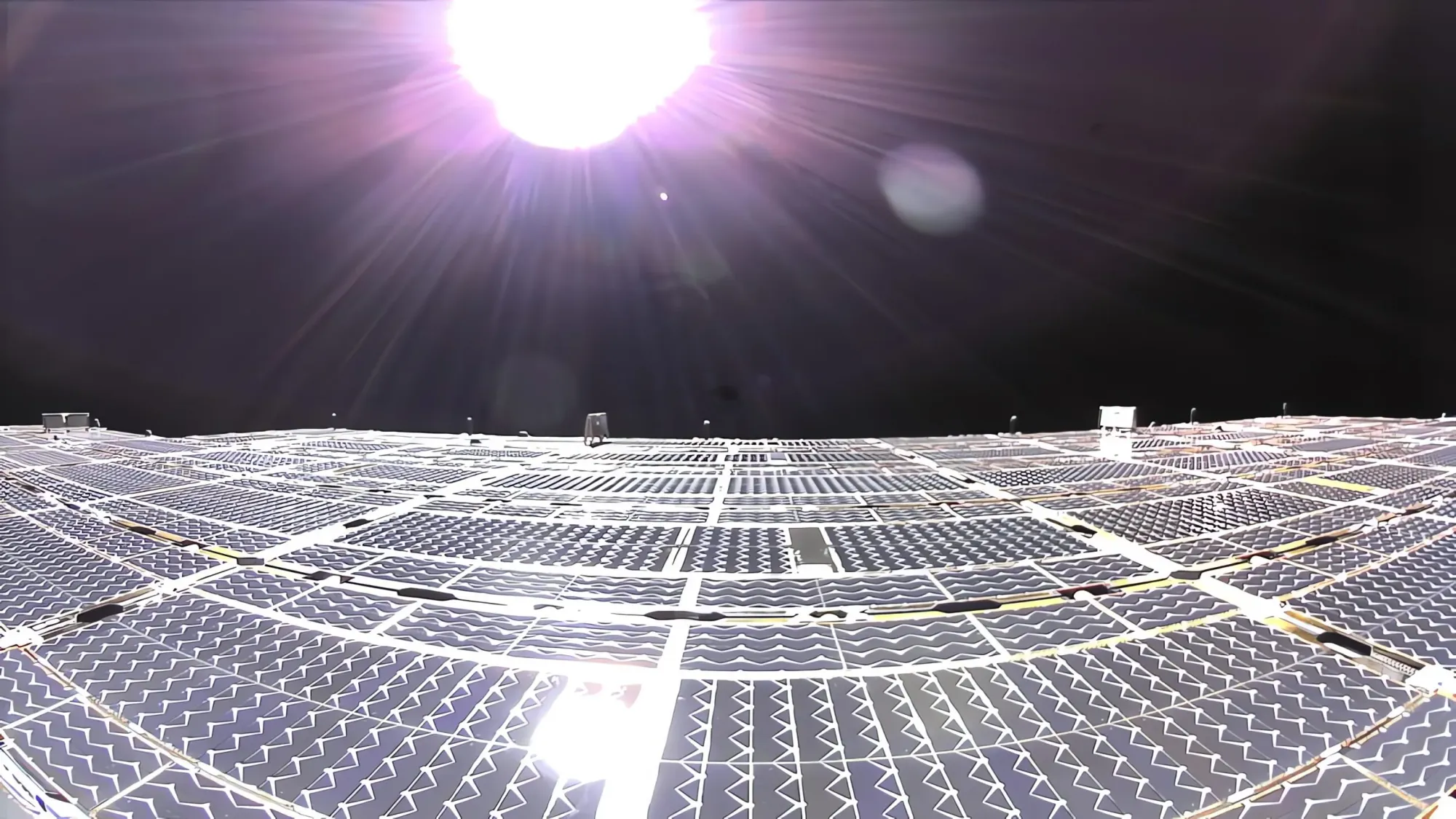 A photo from low Earth orbit showing the fully unfolded, nearly 700 sq ft array of AST SpaceMobile’s SM4 Block 1 BlueBird commercial satellite.