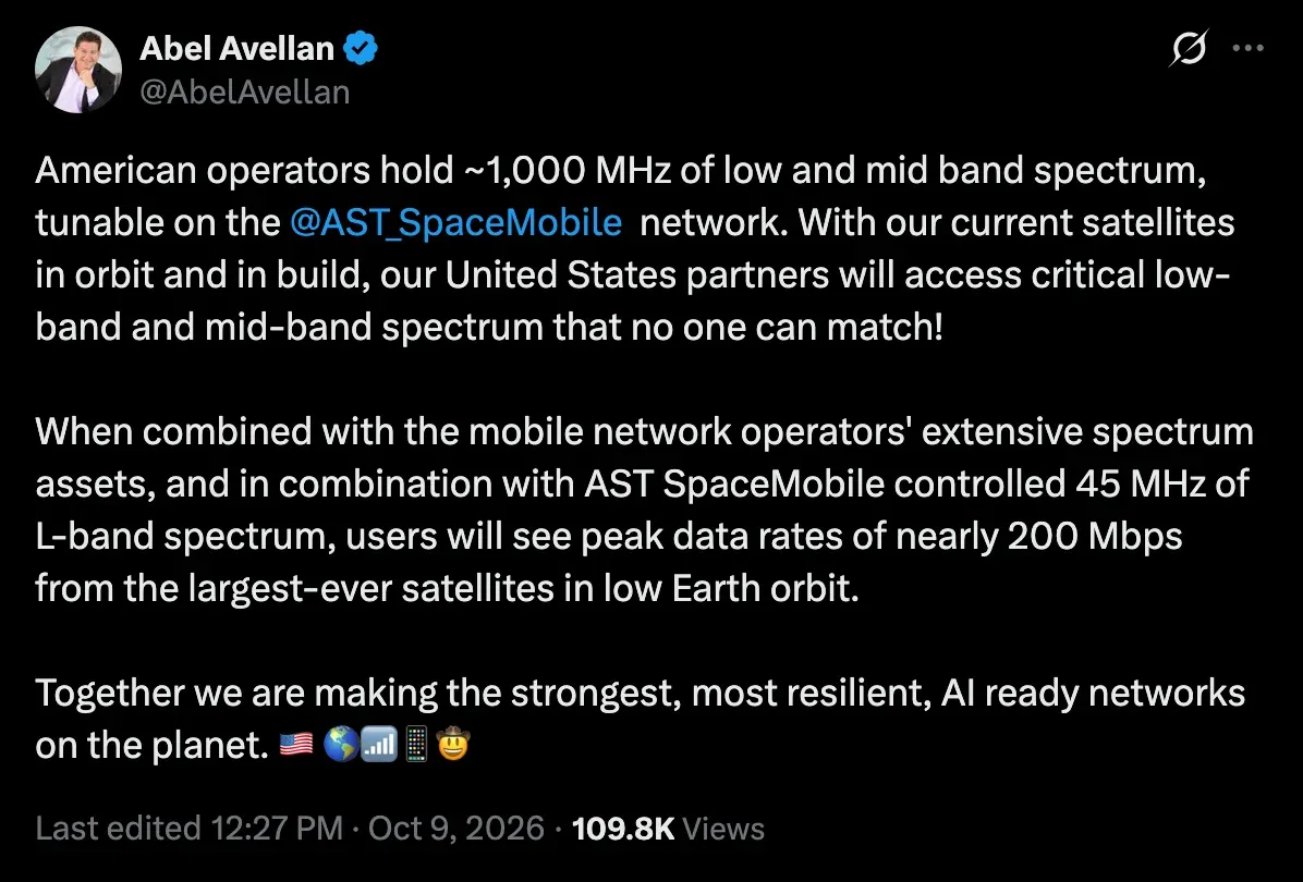 AST SpaceMobile CEO says 1,000 MHz of spectrum tunable on network